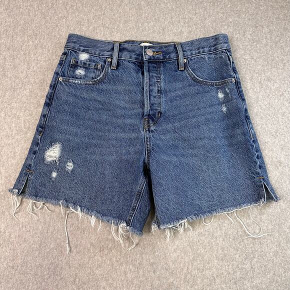Pac-Sun Jean Shorts High Rise Relaxed WMN 26 Med Wash Distressed Raw Hem Denim - Picture 1 of 16